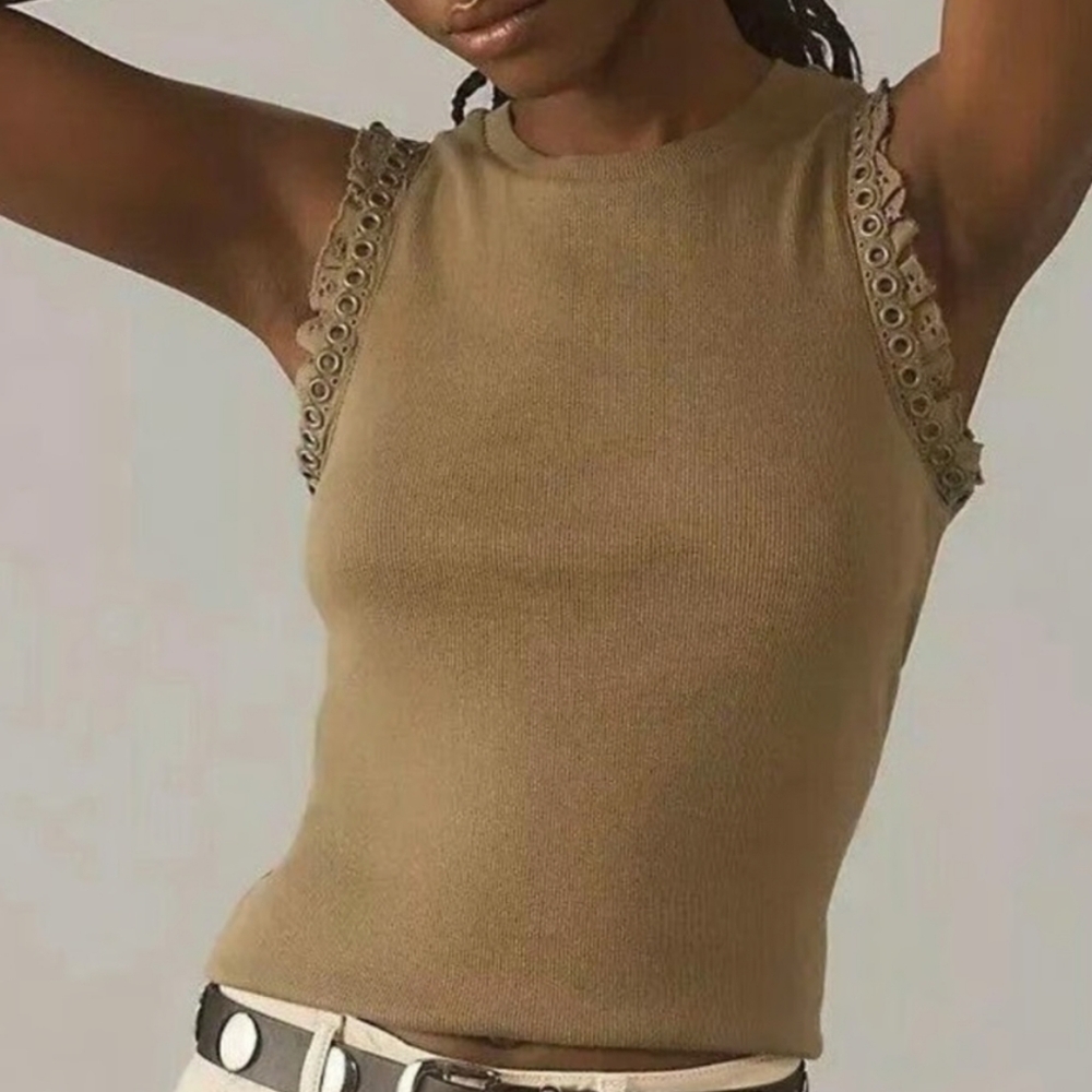 Maeve By Anthro Eyelet Trim Rivets Tank Top Medium Olive Green Ruffles Crop